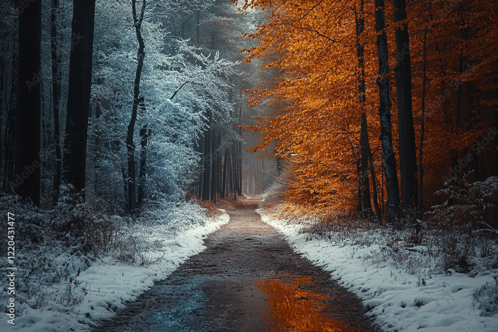 Poster forest path surrounded by frosty trees on one side and vibrant orange autumn foliage on the other, c