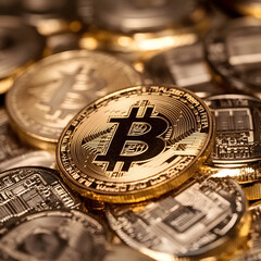 Bitcoin. Cryptocurrency. Golden coins of bitcoin. Digital currency.