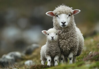 Heartwarming Image of a Mother Sheep and Her Adorable Lamb Standing Together on a Serene Pasture, Showcasing Their Natural Bond and Warmth in a Tranquil Environment
