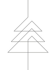 Christmas tree abstract design made of one continuous line in triangle geometric shape, Black and white vector minimalistic linear illustration single line drawing