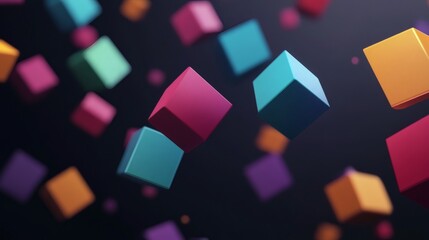 Abstract Colorful Cubes Floating in Dark Space - 3D Render