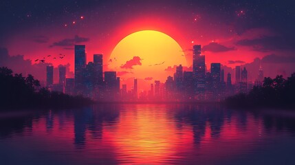 Fototapeta premium Cityscape Silhouette at Sunset Over Water