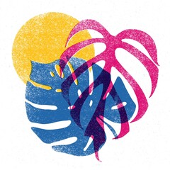 Colorful leafs and geometric shapes in trendy riso graph design. Geometry elements with multiesxposure effect, abstract risograph print texture style.