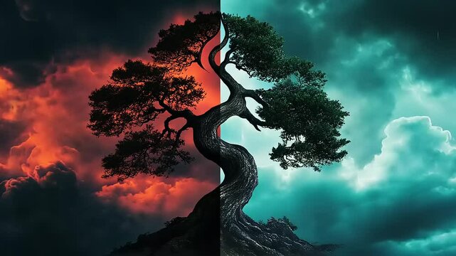 Dualities of Nature: A Bonsai Tree in a Fiery and Stormy Sky