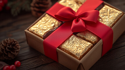 Next to a box of exclusive chocolates wrapped in gold foil, arranged in a gift box with a red ribbon. AI generated images.	