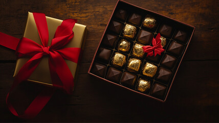 Next to a box of exclusive chocolates wrapped in gold foil, arranged in a gift box with a red ribbon. AI generated images.	