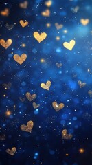 Fototapeta premium A stunning and magical background featuring sparkling dark blue hearts and radiant gold stars scattered across a deep blue gradient with soft highlights