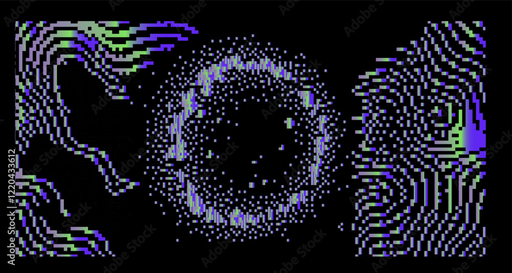 Poster abstract irregular glitched texture of a holographic pixel arrangement on a dark background. technol