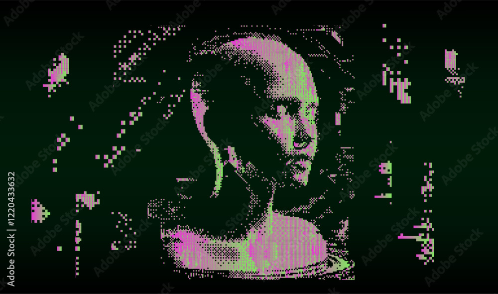 Poster Distorted and disintegrated image of human face made of pixel particles. Retrofuturistic vector illustration for tech and programming themes.