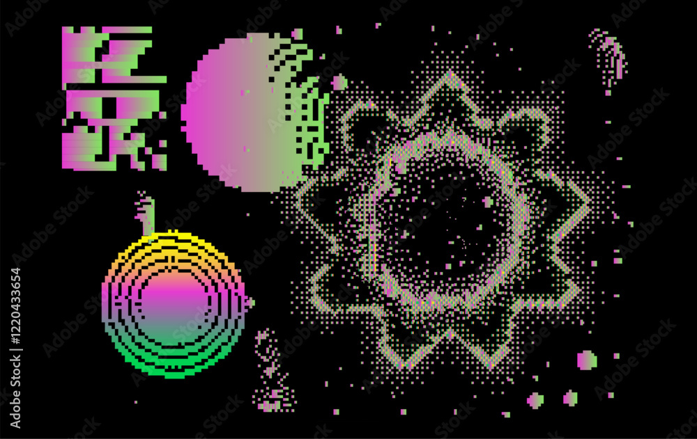 Aufkleber abstract irregular glitched texture of a holographic pixel arrangement on a dark background. technol