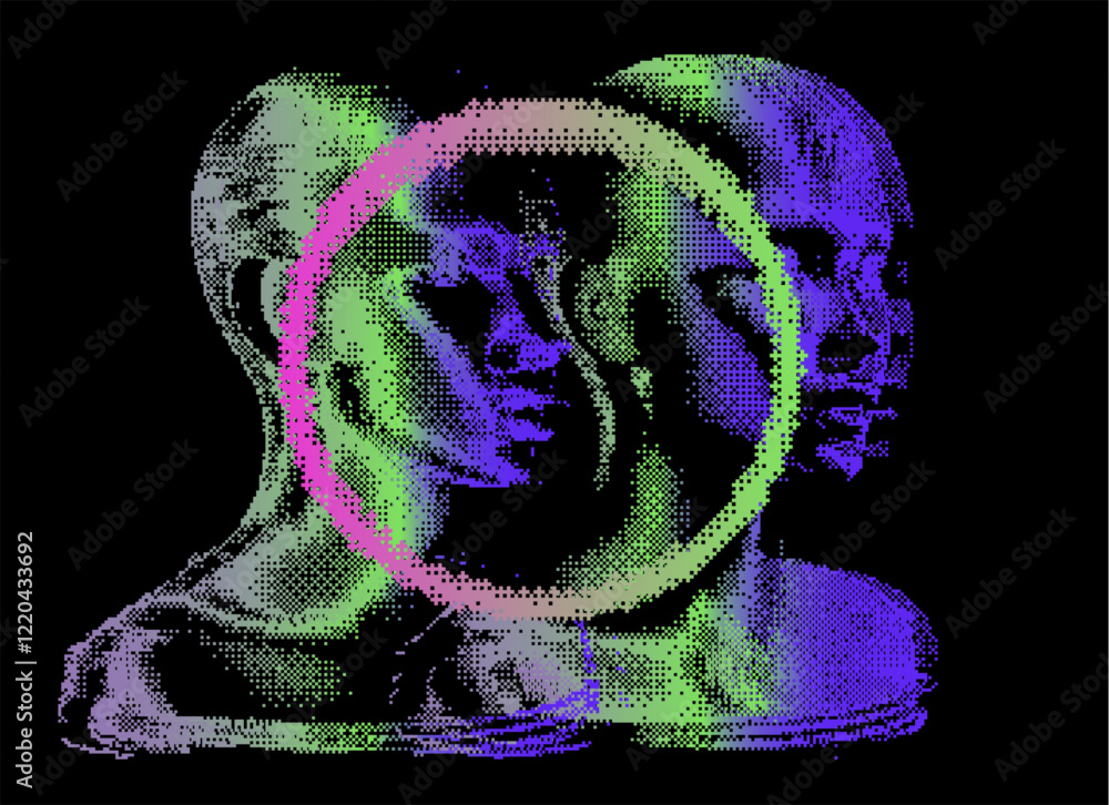 Poster Distorted and disintegrated image of human face made of pixel particles. Retrofuturistic vector illustration for tech and programming themes.