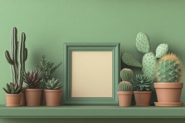a wooden picture frame mockup on a green shelf with cacti in front of a beige wall background