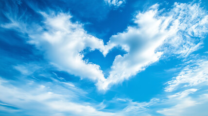 The phenomenon of clouds forming a symbol of love in the sky. Soft white clouds form a love pattern that is clearly visible in the bright blue sky. AI generated images.	