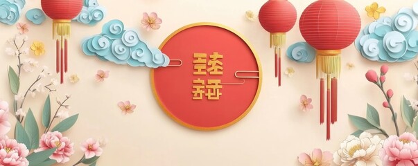 Naklejka premium Double Happiness Chinese New Year celebration with lanterns and flowers.