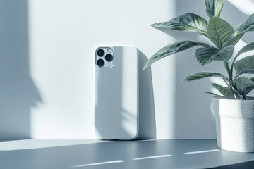 Minimalist Smartphone with Soft Light and Potted Plant Background