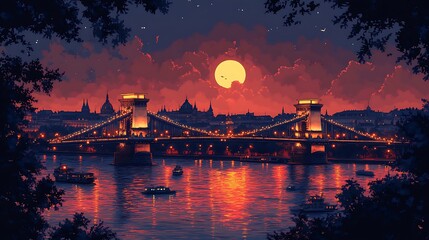 Illuminated Chain Bridge at Sunset over Budapest Cityscape