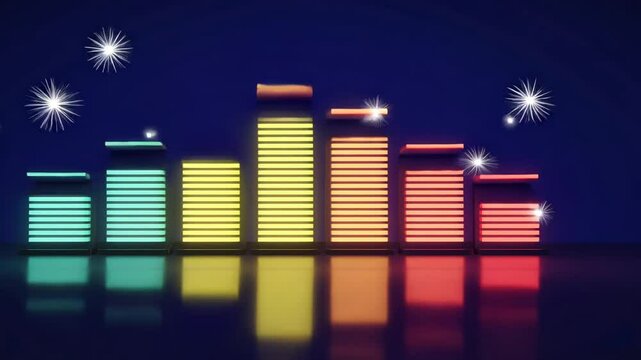 Abstract animation of multicolor music equalizer on reflective surface against blue background
