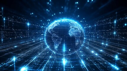 Obraz premium A blue background with the Earth globe and network connection