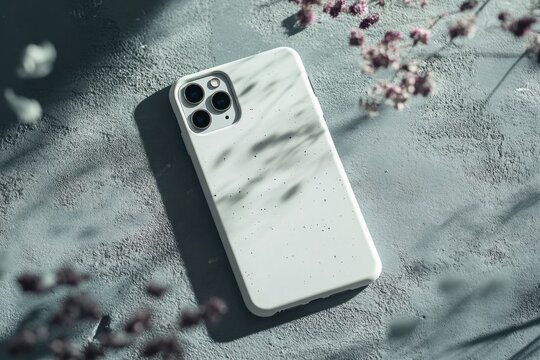 Minimalist White Phone Case on Gray Surface with Floral Shadows