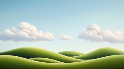 Obraz premium quiet landscape A panoramic view of rolling hills and green fields, with a clear blue sky and fluffy white clouds.