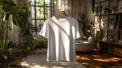 A white t-shirt hangs on a wooden hanger.