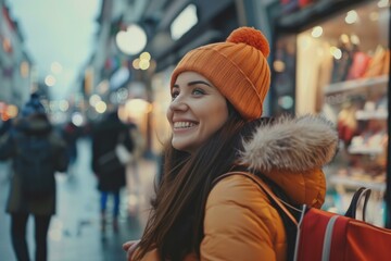 Happy young woman walking down a busy city street during winter, enjoying sightseeing and urban exploration