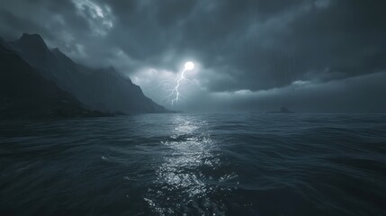 Naklejka premium A stormy sea with thunder and lightning, a dark sky