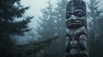 Totem pole in misty forest.