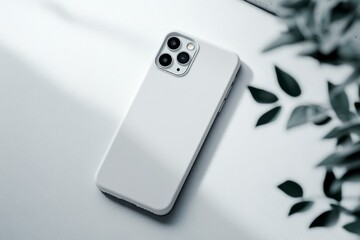 Minimalistic Smartphone on White Surface with Natural Light and Leaves