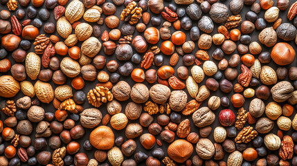 variety of mixed nuts including walnuts, hazelnuts, and almonds are spread out in colorful arrangement