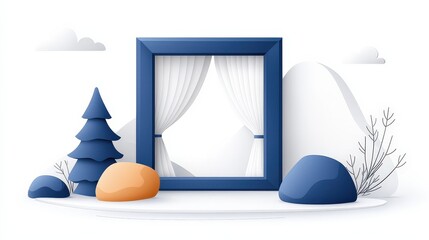 Fototapeta premium Minimalist Frame with Curtains Surrounded by Geometric Trees and Rocks in Soft Color Palette