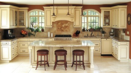 Fototapeta premium Elegant cream kitchen with granite island, arched windows, and pendant lighting.