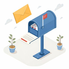 blue mailbox with letters inside in isometric styl