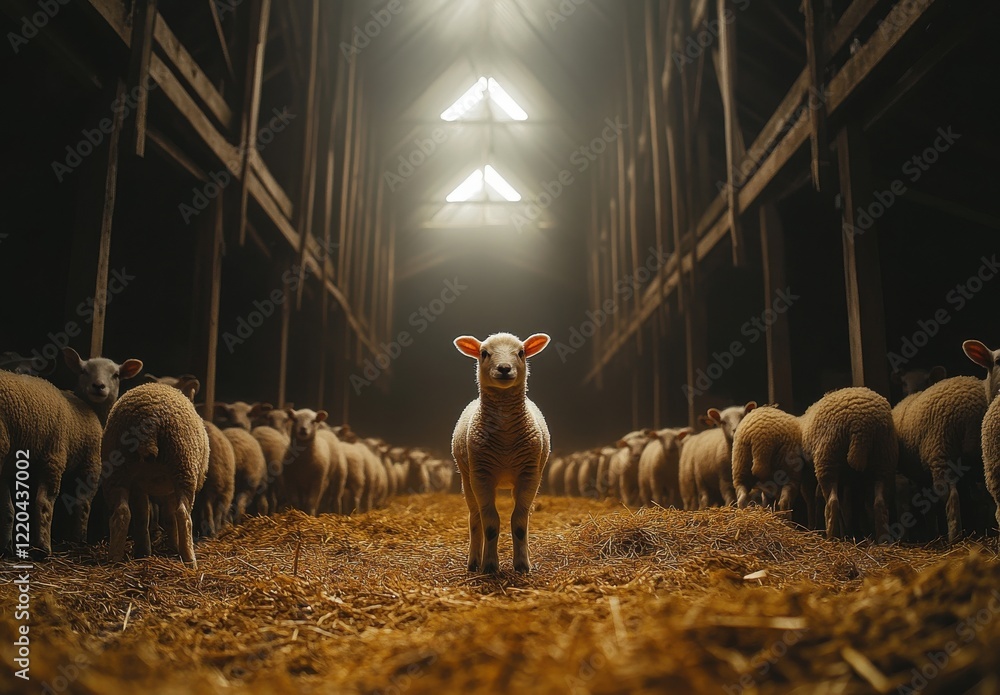 Poster lone lamb standing in a rustic barn surrounded by sheep reflecting a serene farm atmosphere with sof