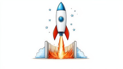 Rocket Launching Towards Blue Sky with Fiery Flames and Stars in a Whimsical Style Illustration