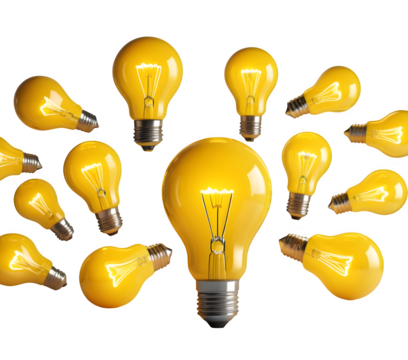 A yellow cartoon light bulb, deep in thought and brainstorming, sparking creativity and ideas, rendered in 3D.