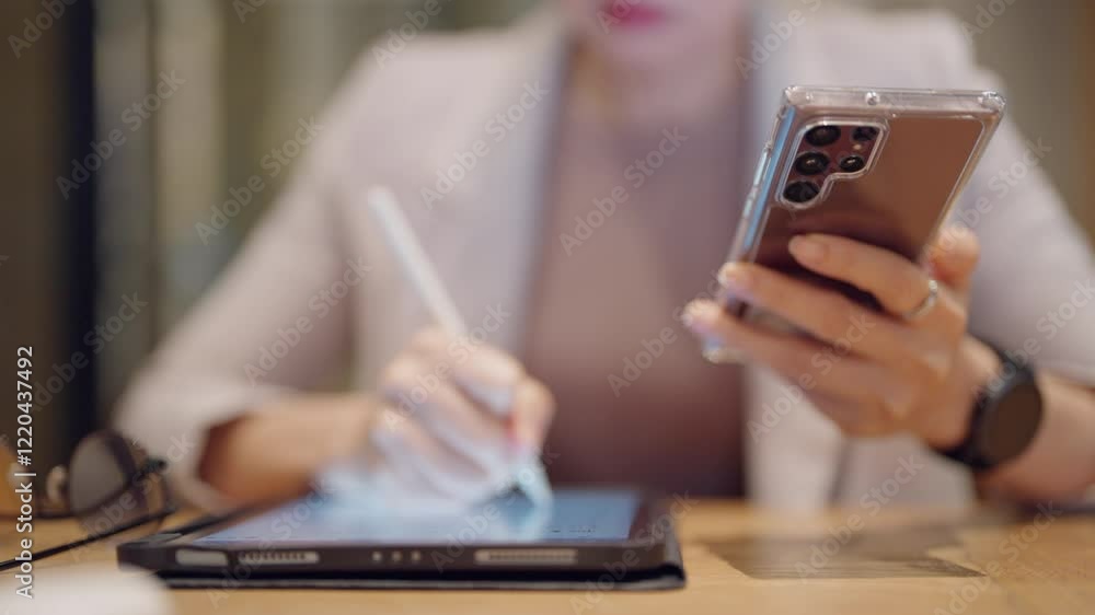 Wall mural a woman is sitting at a table with a tablet and a cell phone in front of her. she is using the cell 
