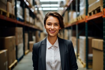 Fototapeta premium Portrait of a smiling female manager standing in a warehouse aisle