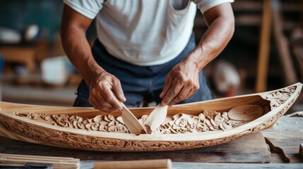 Craftsman building a hand-carved wooden boat