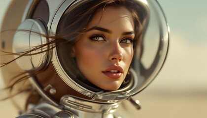 Woman Astronaut Helmet Desert Golden Light Dramatic Portrait