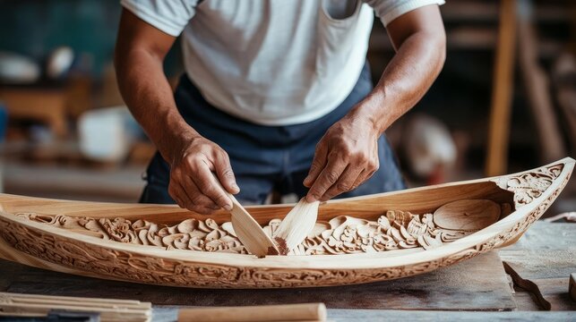 Craftsman building a hand-carved wooden boat