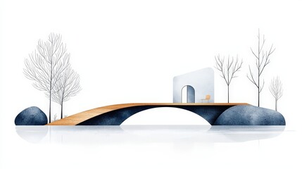 Serene Bridge with Minimalist Architecture Surrounded by Nature and Calm Waters
