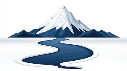 Fototapeta premium Serene Snow-Capped Mountain with Flowing River and Calm Landscape in Minimalist Style