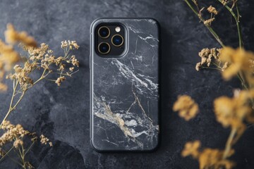 Obraz premium Elegant Marble Phone Case on Dark Surface with Dried Flowers