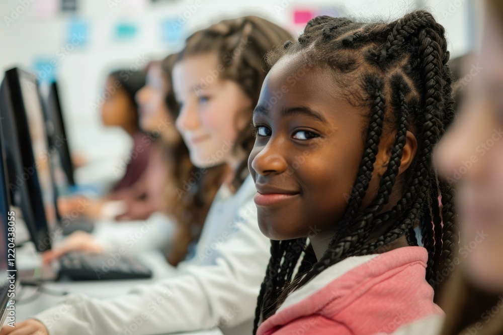 Poster portrait of smiling african american girl with braids using computer in classroom with classmates