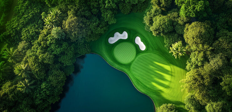 Aerial view of lush golf course surrounded by dense forest and serene lake - Powered by Adobe
