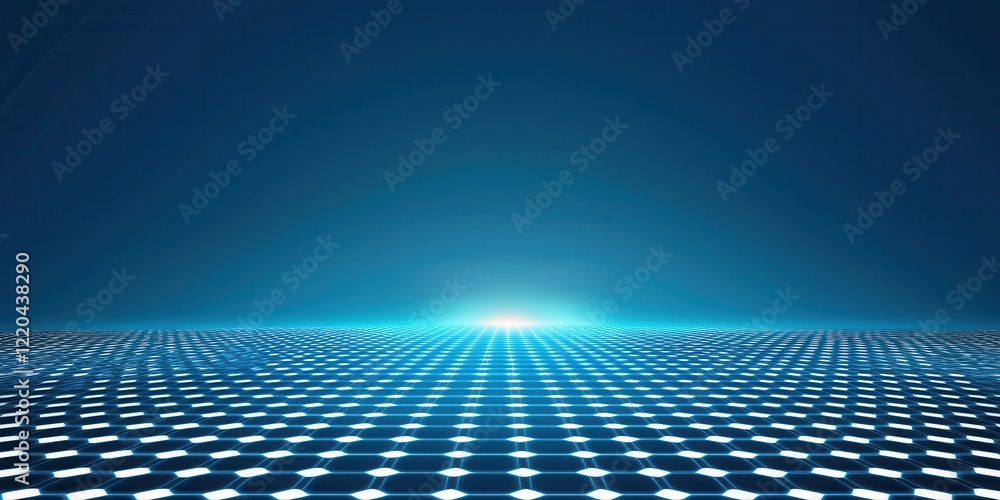 Poster clean energy solar solutions concept. illuminated grid pattern with a glowing horizon against a dark