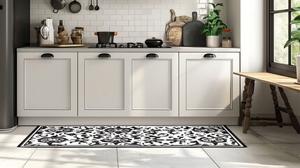 A stylish kitchen runner mat with a vintage-inspired pattern, neatly positioned on white.