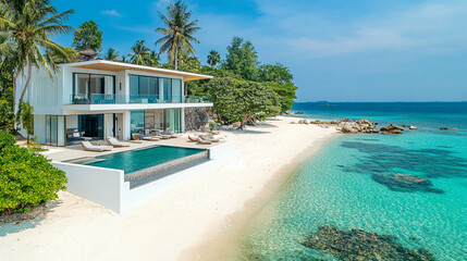 This is a luxurious two-story home with a pool overlooking a white sand beach.