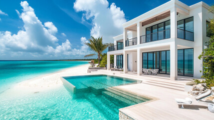 Fototapeta premium This is a luxurious two-story home with a pool overlooking a white sand beach.
